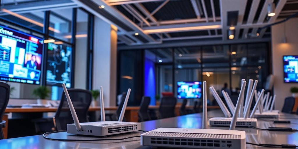 Moderne Büroumgebung mit Netzwerktechnologie und Geräten.