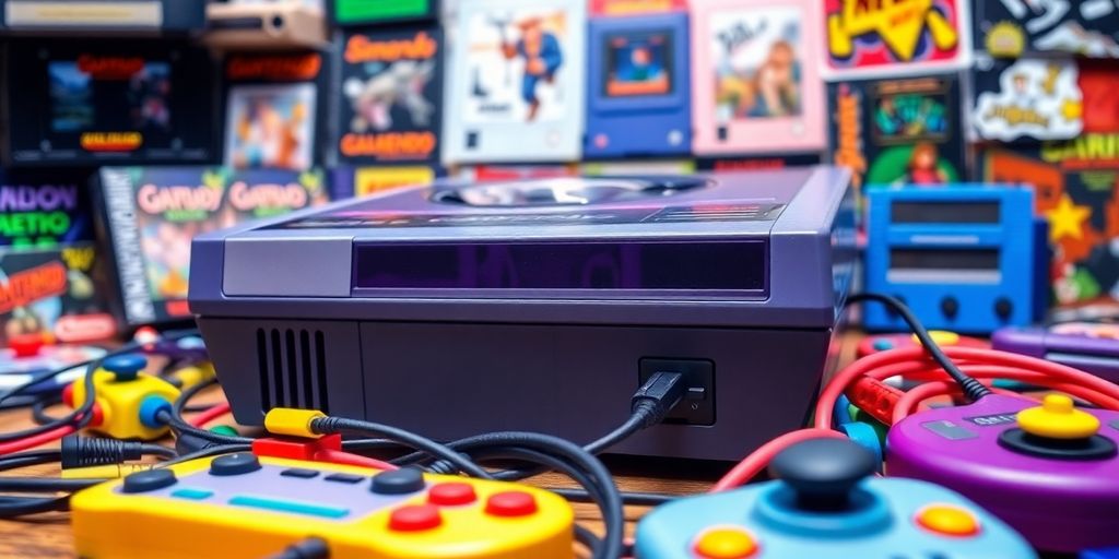 Nahaufnahme eines Retro-Spielkonsolen mit Zubehör.