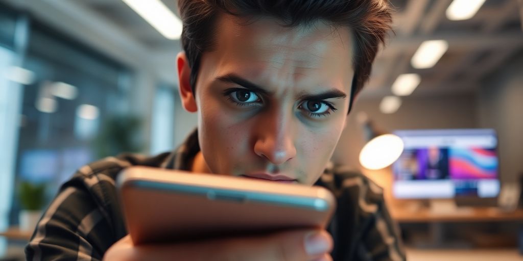 Besorgte Person mit Smartphone in modernem Arbeitsumfeld.